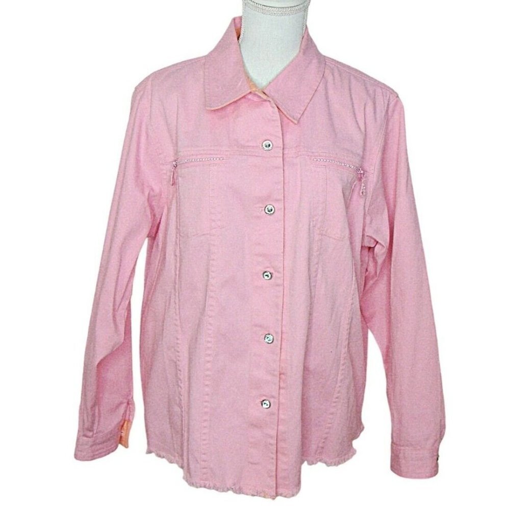 Quacker Factory Pink Rhinestone Raw Hem Fringe Button Up Jacket Shacket Size XL